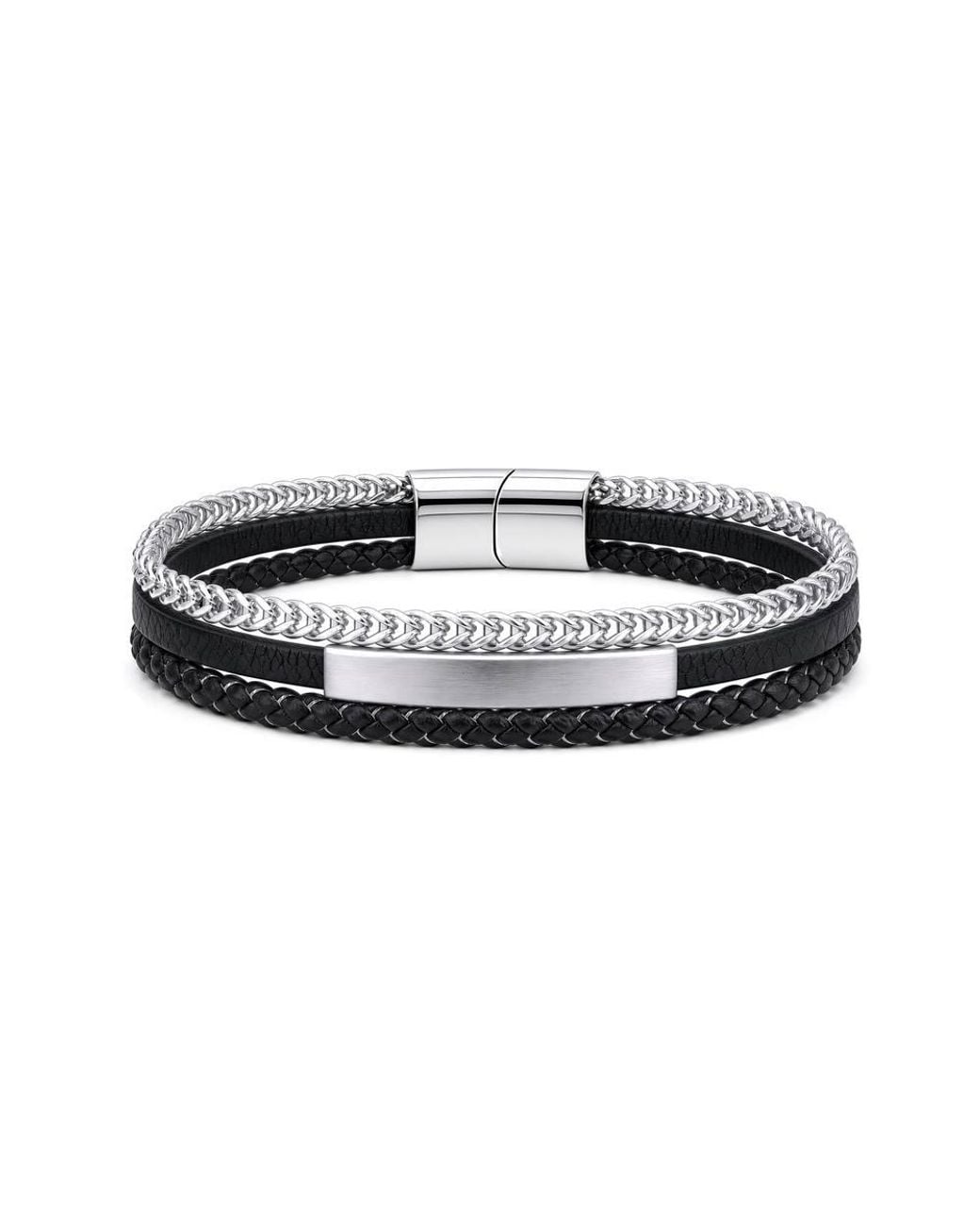 Jewelco London Black Gents Leather Steel Id Plate Franco Link Braided Strap Bracelet