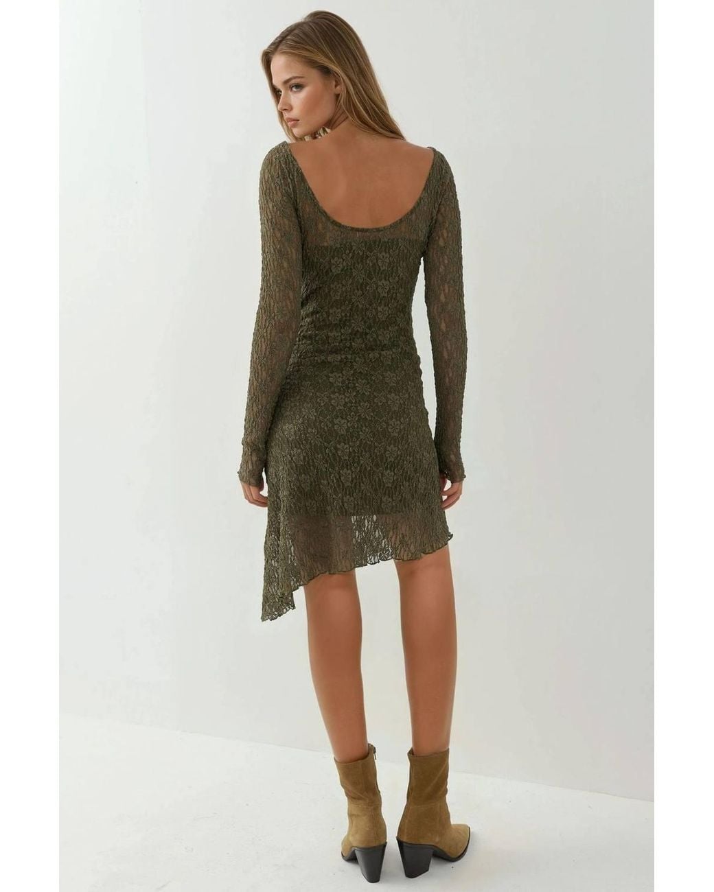 Hiccup Green Asymmetric Lace Mini Dress With Boat Neck