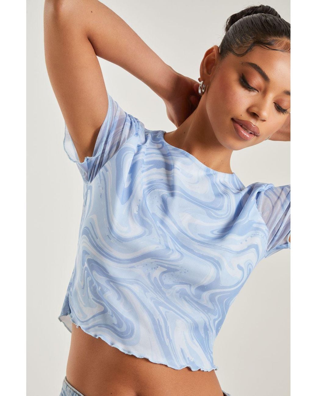 Pink Vanilla Blue Swirl Print Capped Sleeve Mesh Top