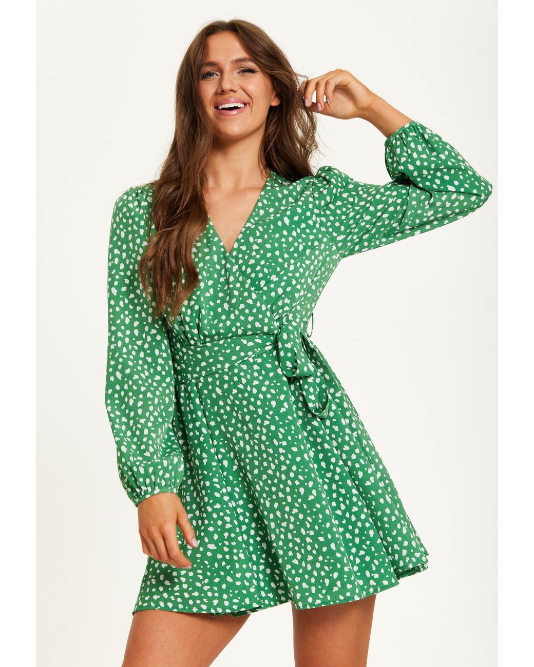 Liquorish Green Animal Print Mini Wrap Dress With Long Sleeves