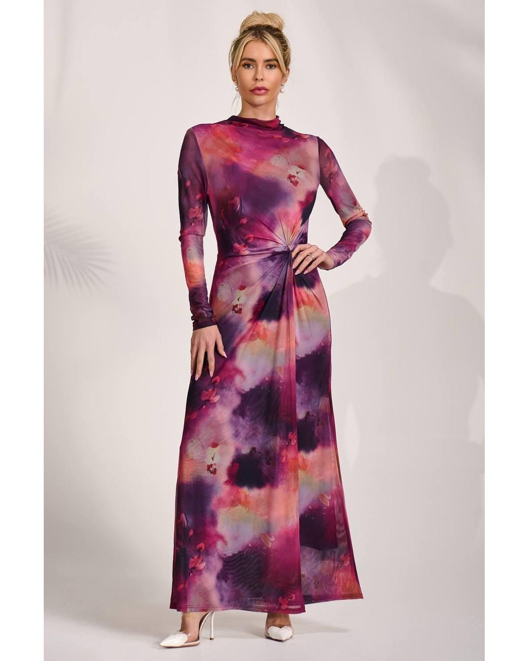 Jolie Moi Red High Neck Long Sleeve Mesh Maxi Dress