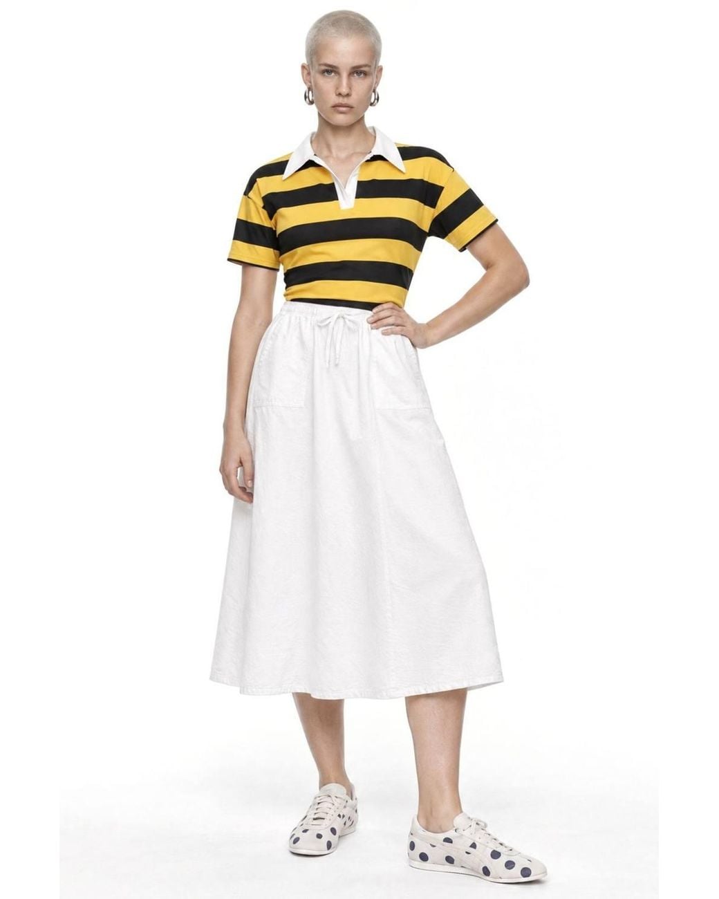 MixRay White High-Waisted Poplin Skirt With Drawstring Detail