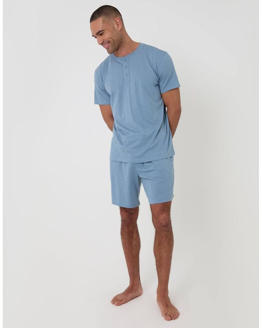 Threadbare Blue Grandad Top & Shorts Pyjama Set for men