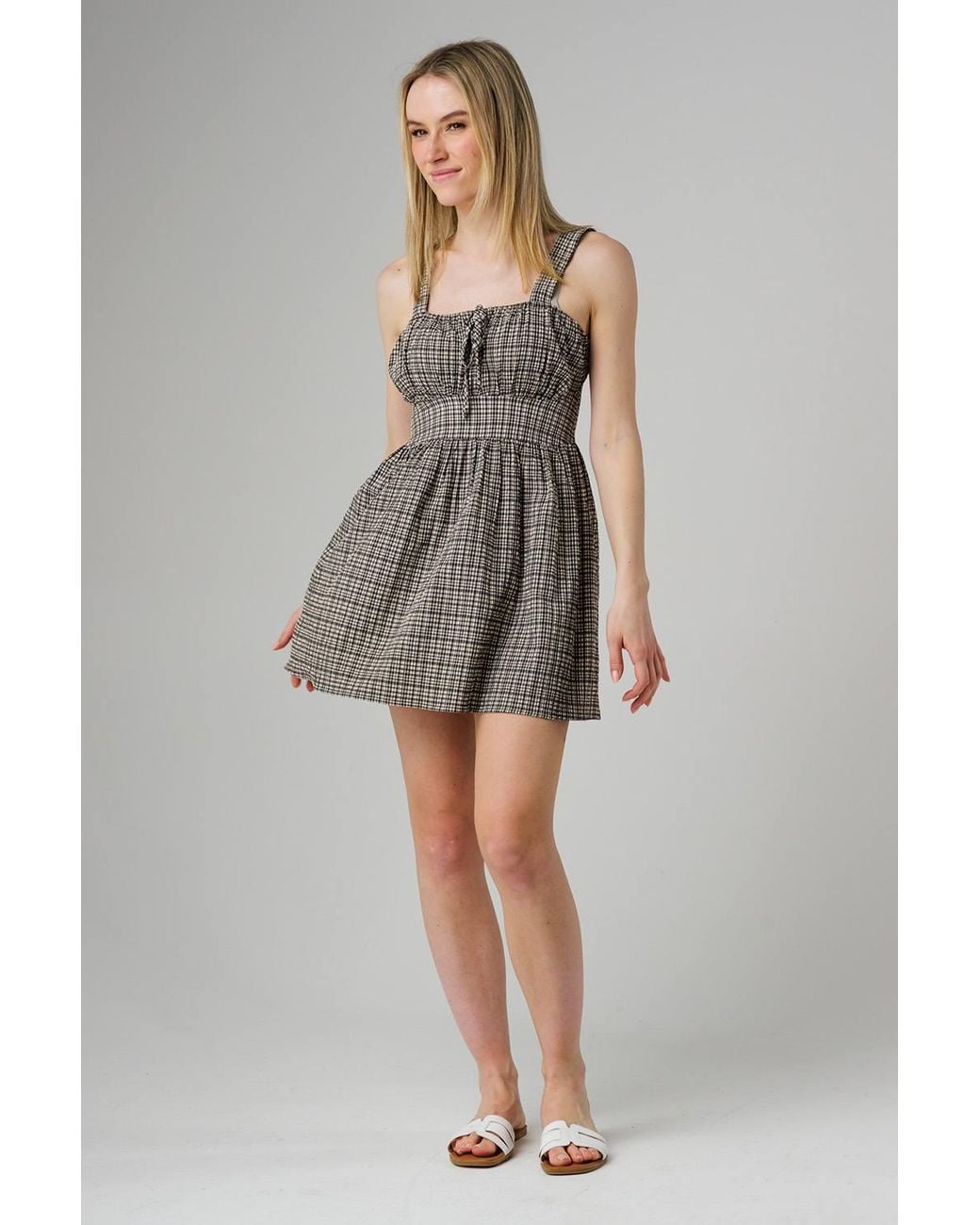 Wednesday's Girl Gray Check Ruffle Detail Tie Front Mini Cami Dress