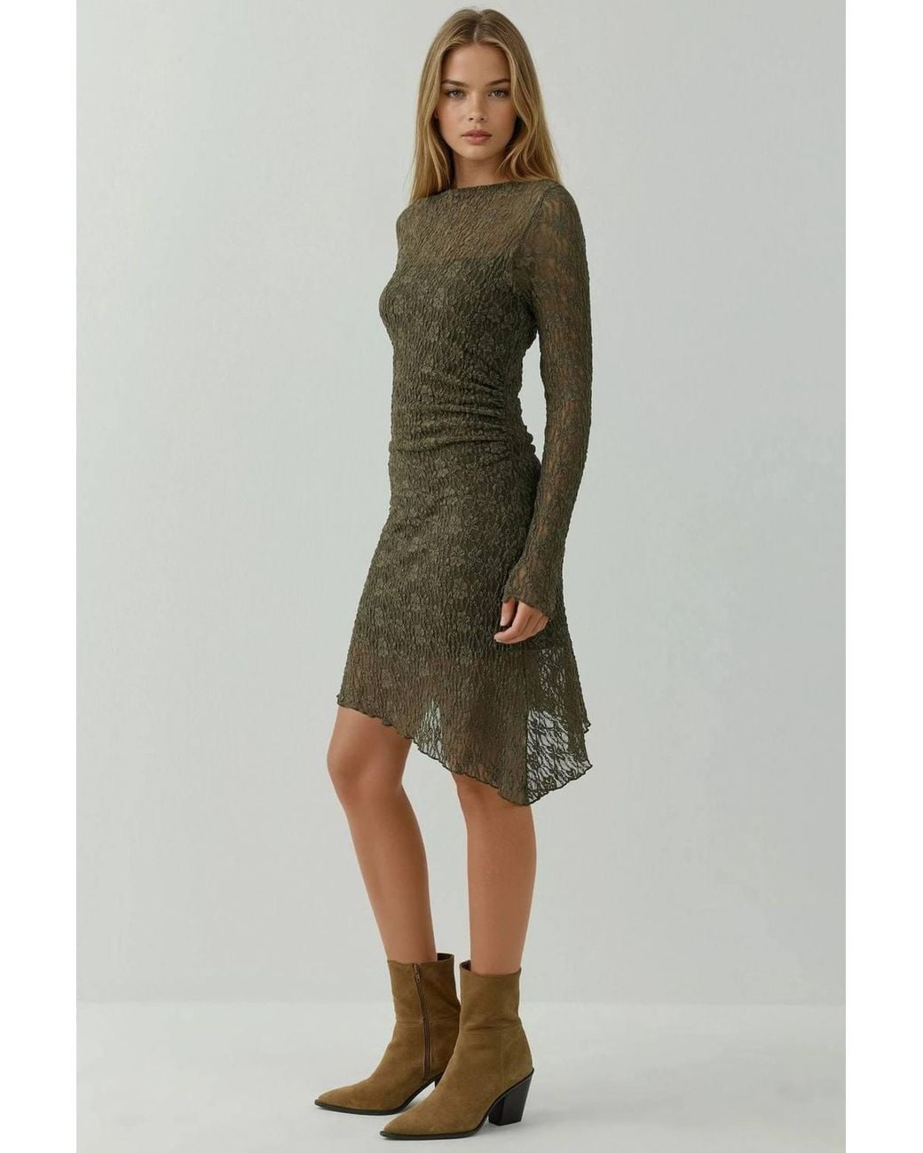 Hiccup Green Asymmetric Lace Mini Dress With Boat Neck