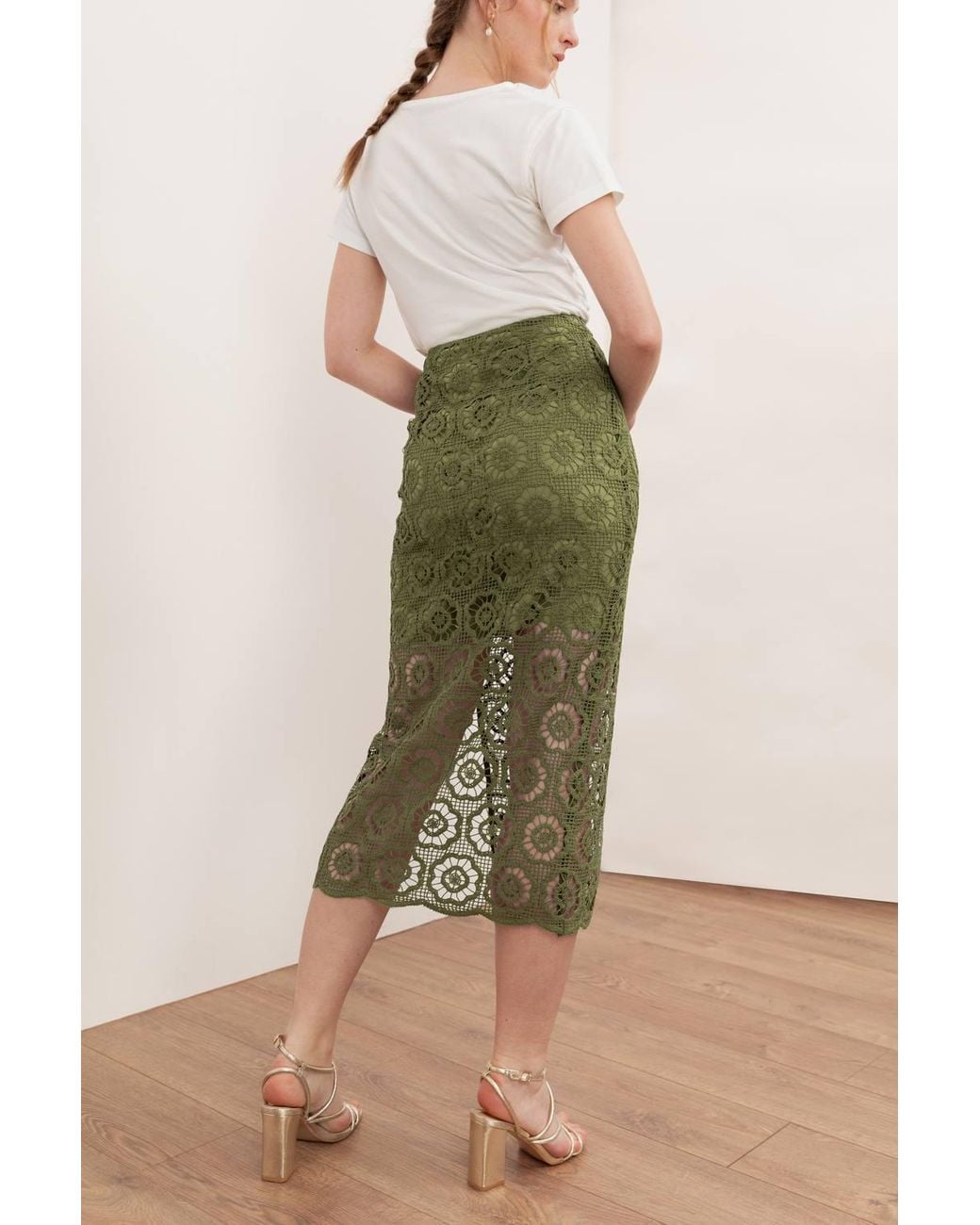 Lovedrobe Green Crochet Lace Midi Skirt