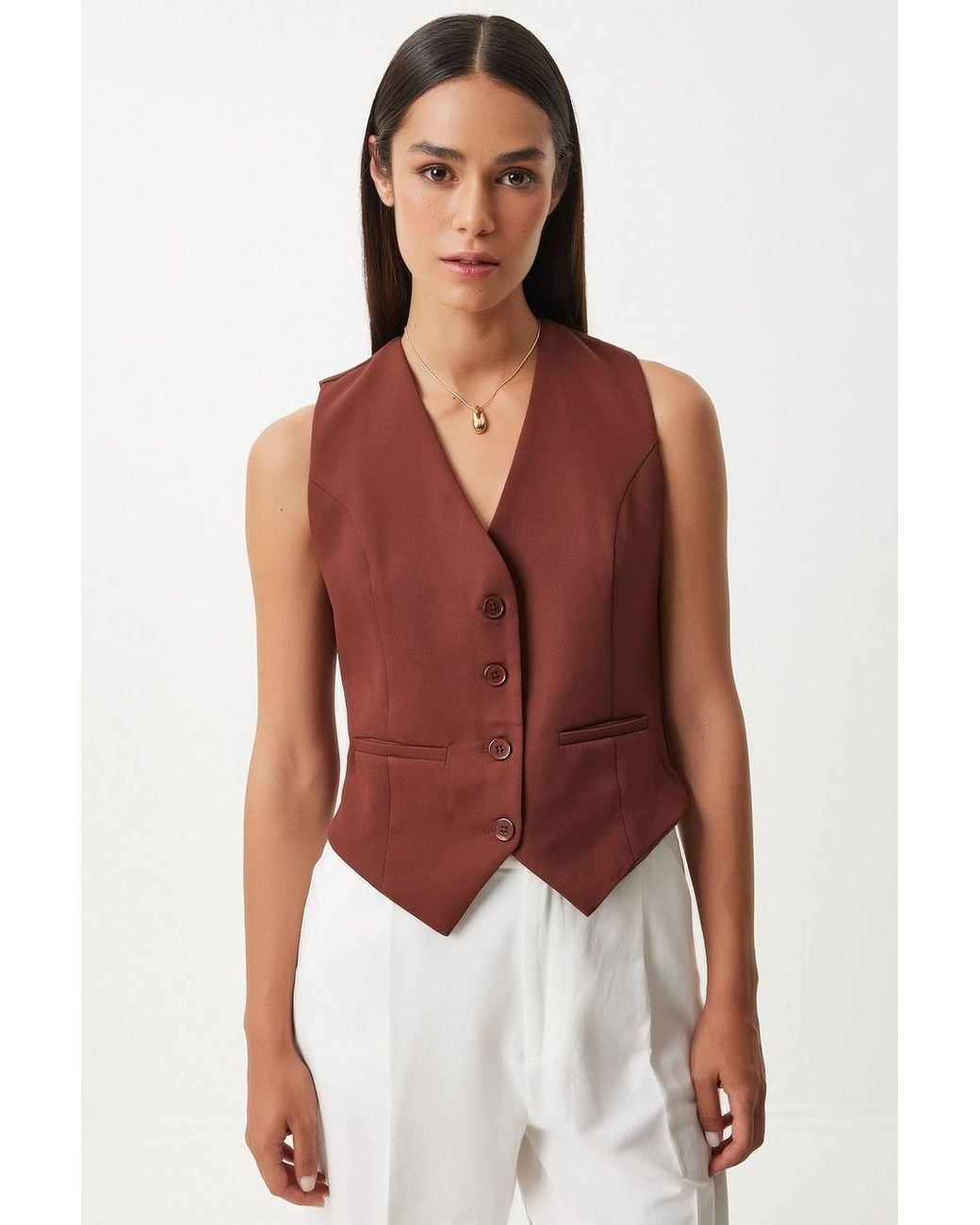 Happiness İstanbul Red Crop Button Waistcoat