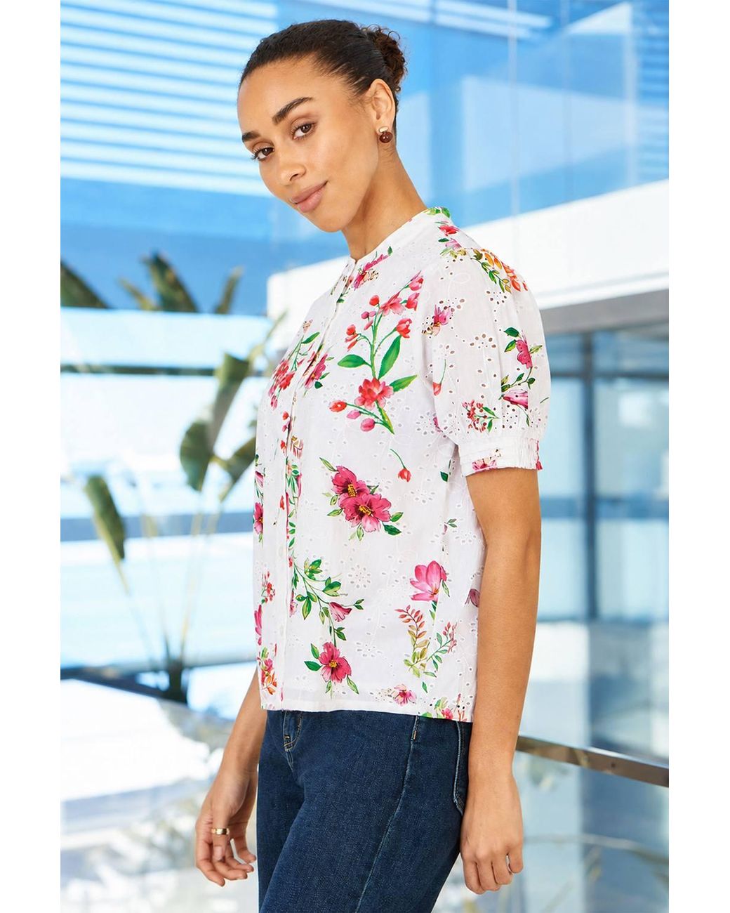 Yumi' Blue Cotton Broderie Anglaise Floral Shirt
