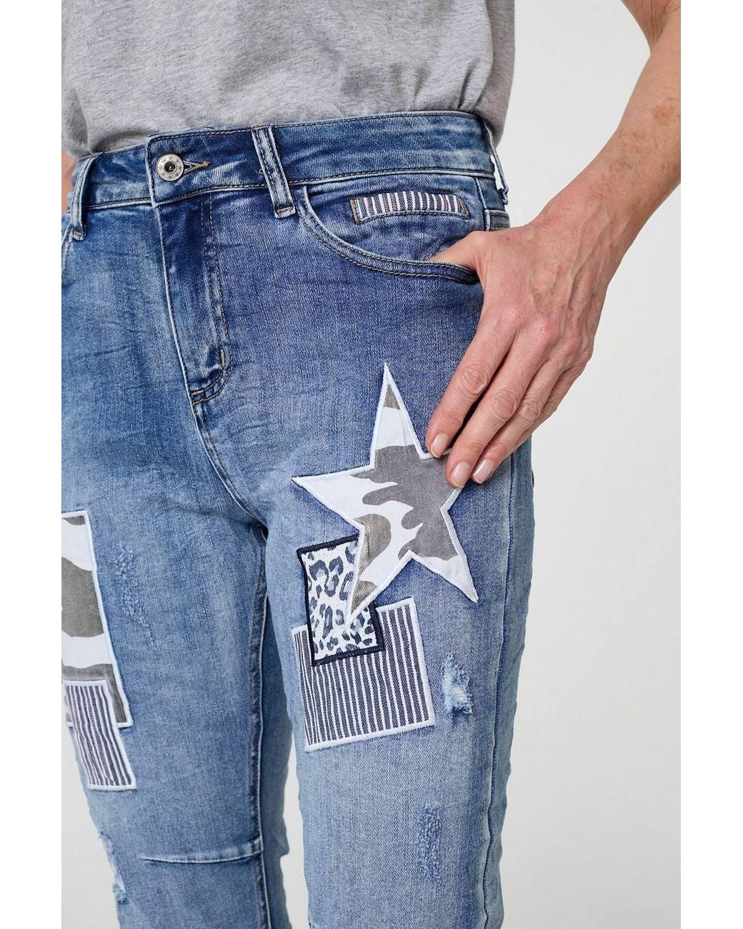 Izabel London Blue Star Patchwork Detail Skinny Jeans