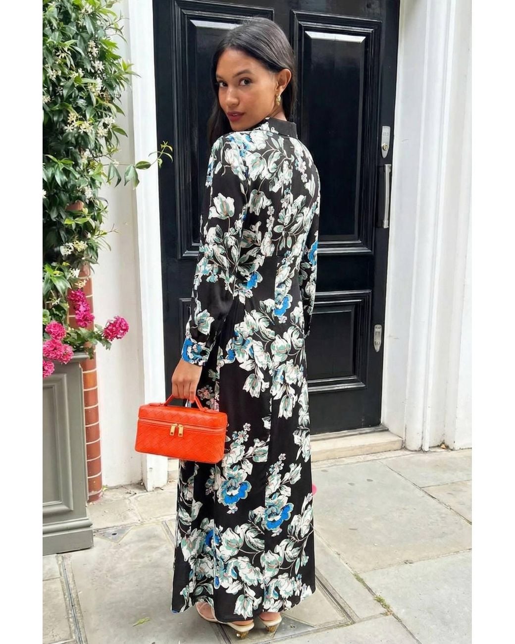 CY Black Floral Print Long Shirt Dress
