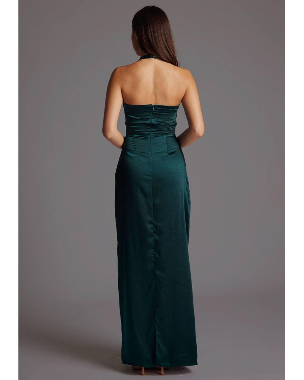 Vesper Blue Draped Bust Satin Halterneck Maxi Dress