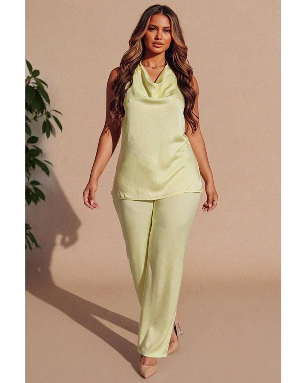 Femme Luxe Natural Cowl Neck Sleeveless Top & Wide Leg Trouser Set
