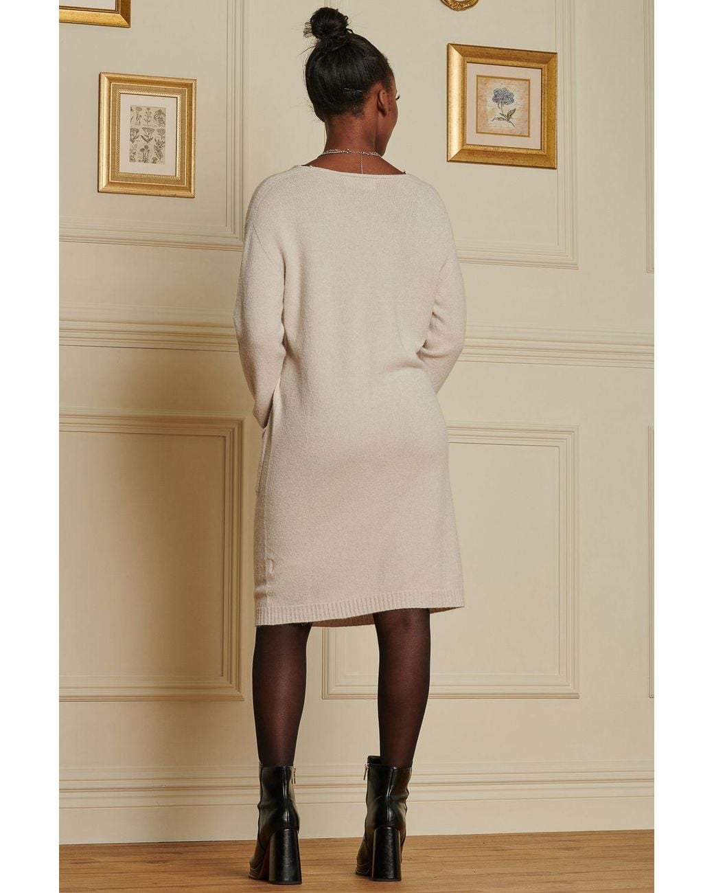 Jolie Moi Natural V Neck Knitted Jumper Dress