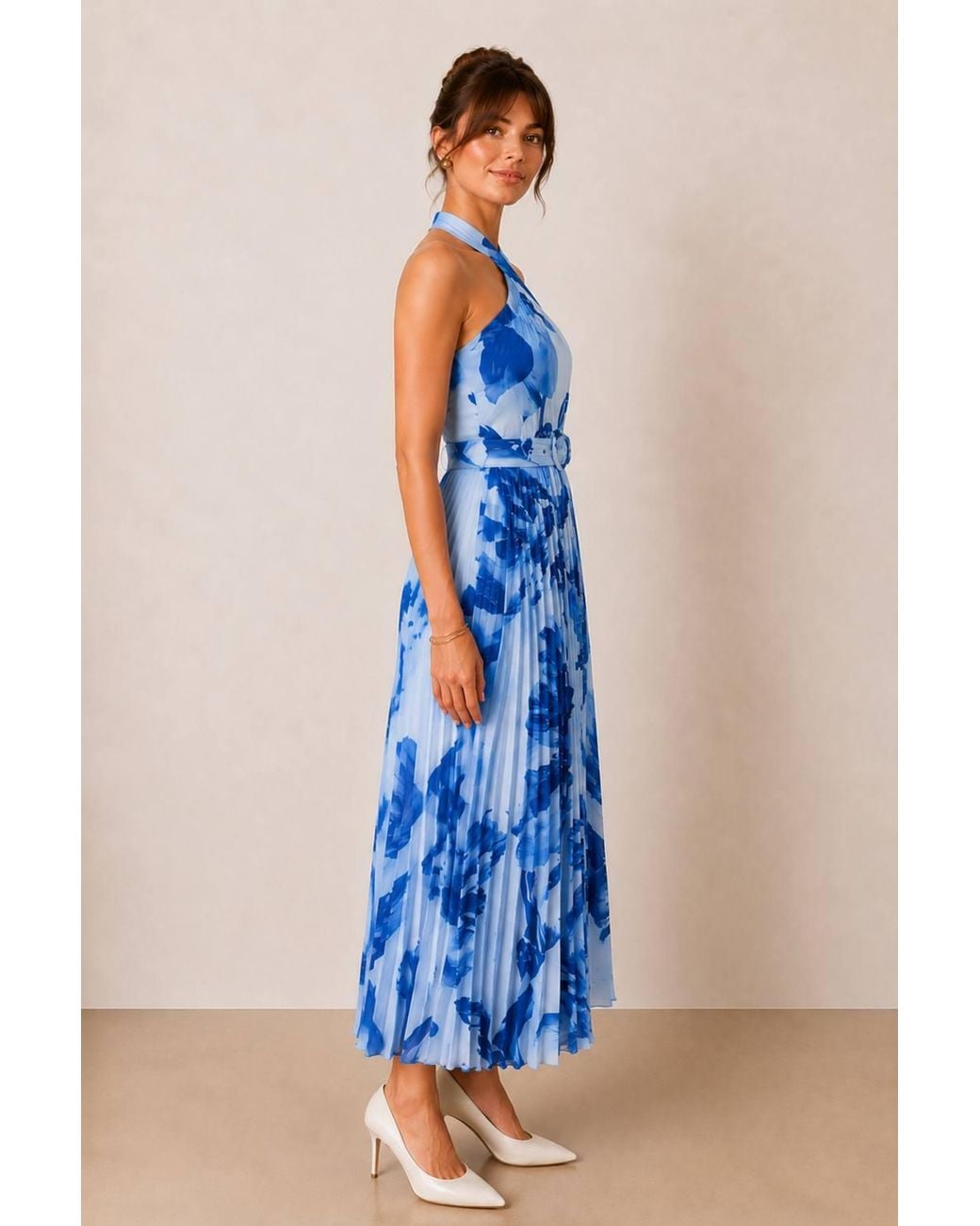 Style Cheat Blue Paige Halter Pleated Belted Dress Floral