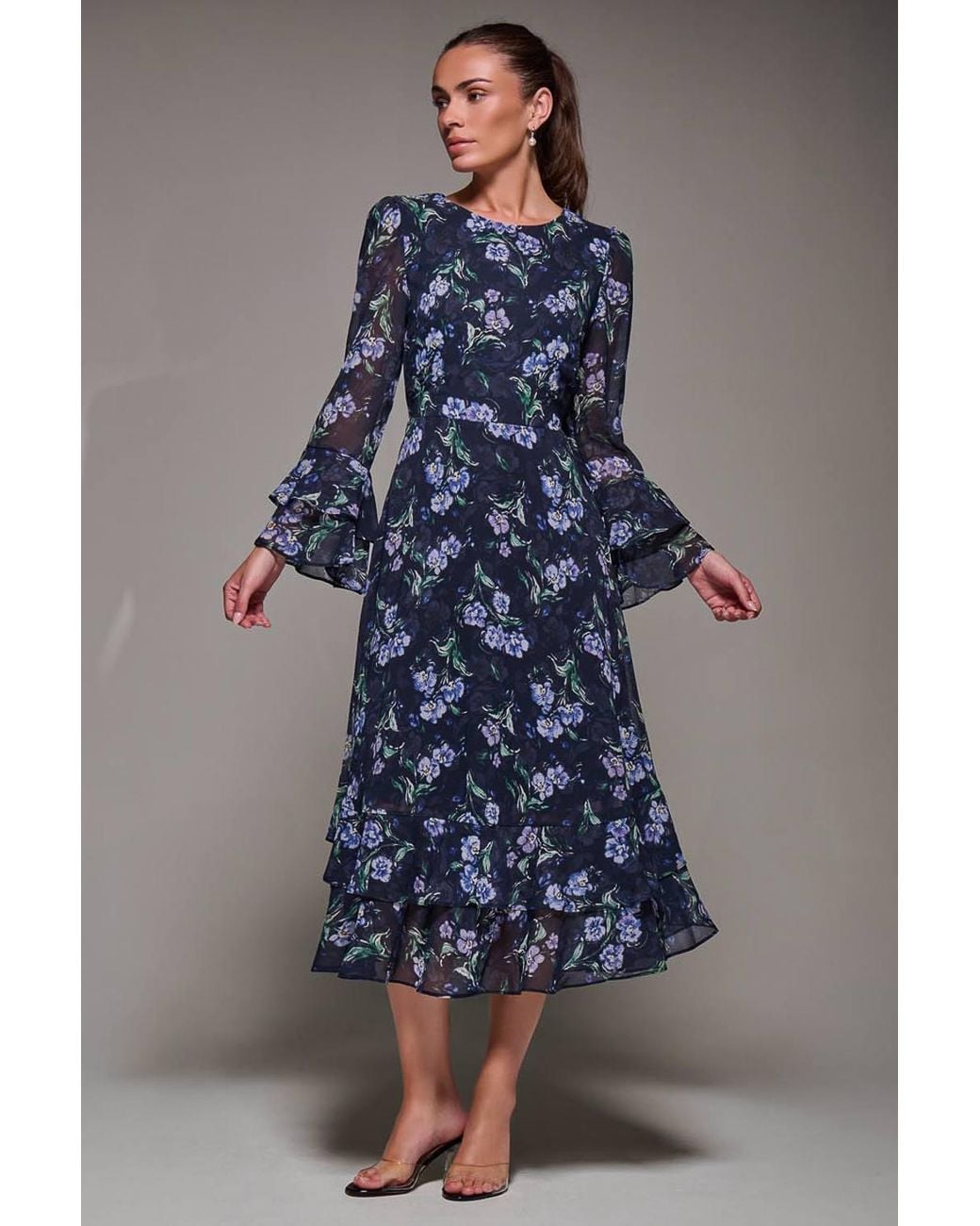 Jolie Moi Blue Long Sleeve Chiffon Frill Midaxi Dress