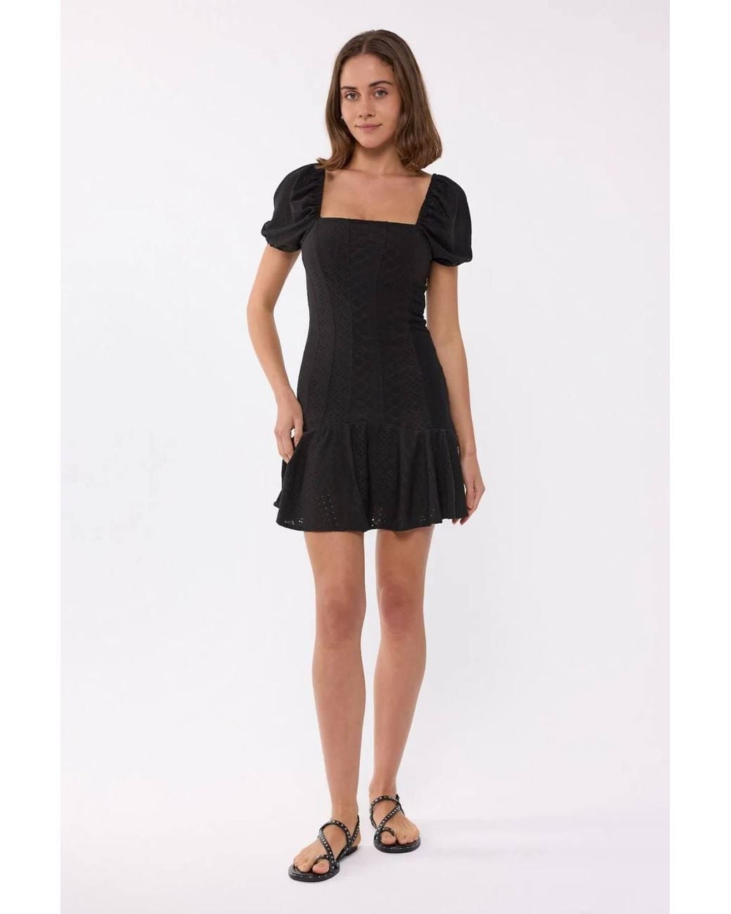 Hiccup Black Short Sleeve Square Neck Mini Dress With Balloon Sleeves