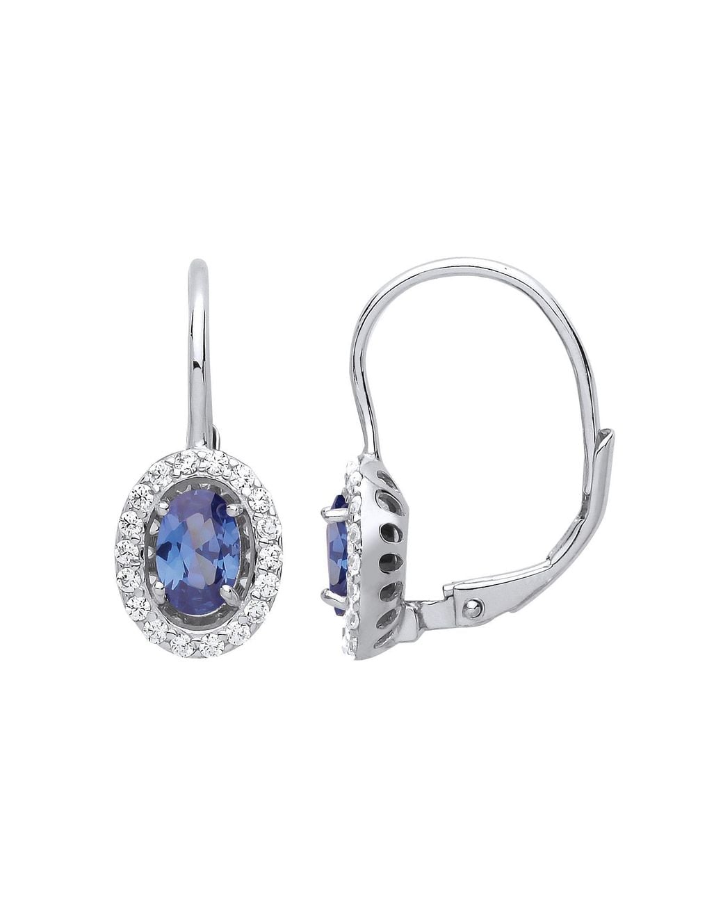 Jewelco London Blue Oval Cz Solitaire Halo Drop Earrings