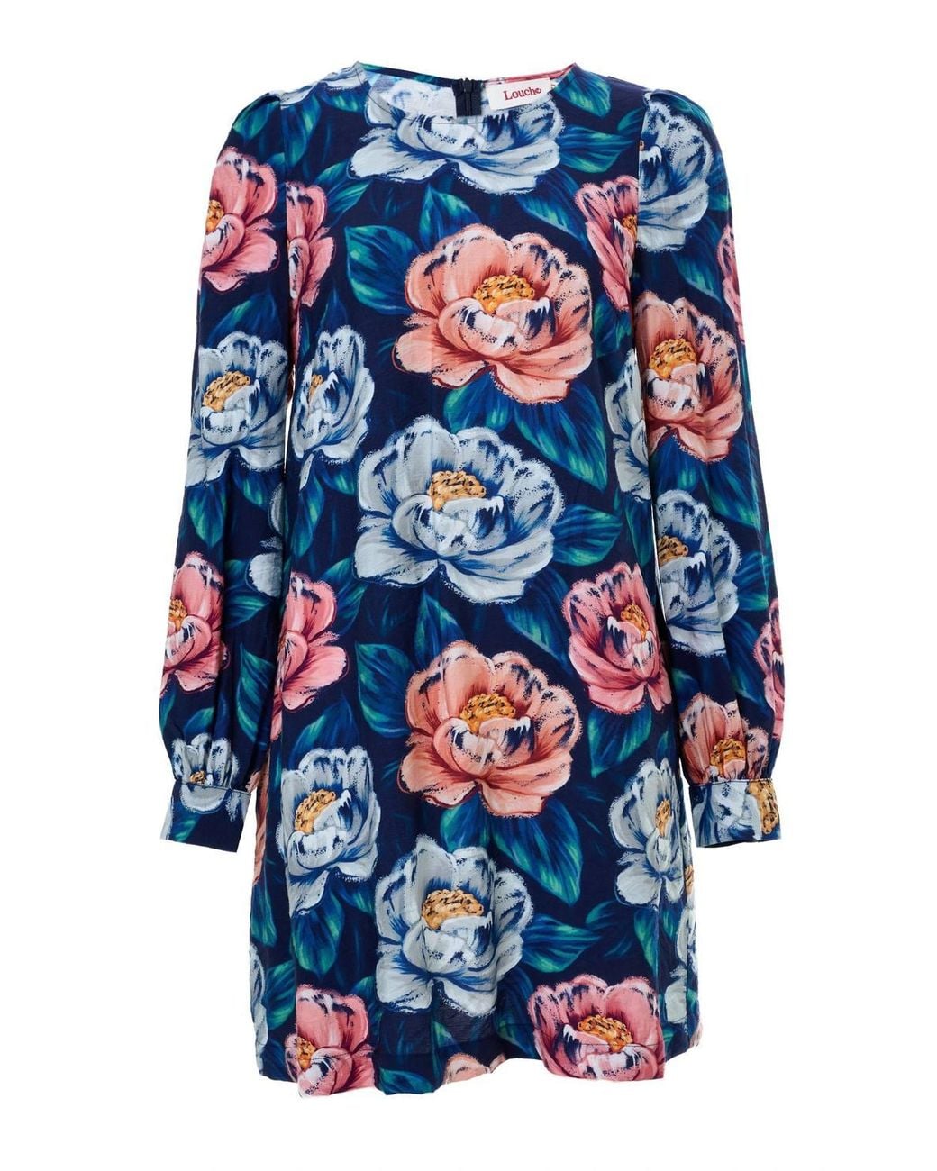 Louche Blue Didee Peonies Long Sleeve A-Line Mini Dress