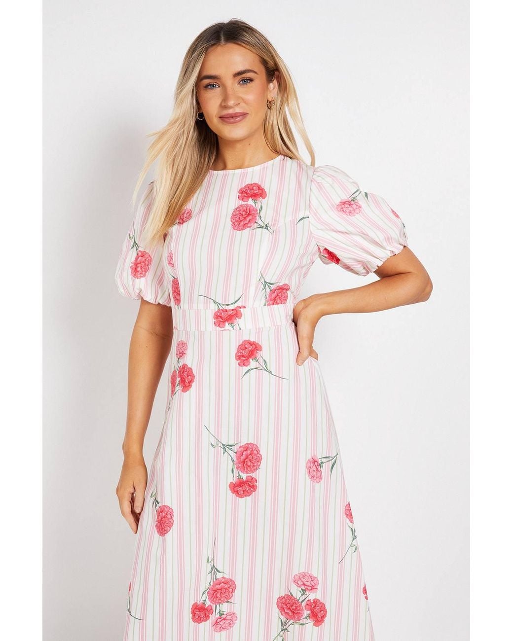 Dorothy Perkins White Puff Sleeve Princess Seam Poplin Midi Dress
