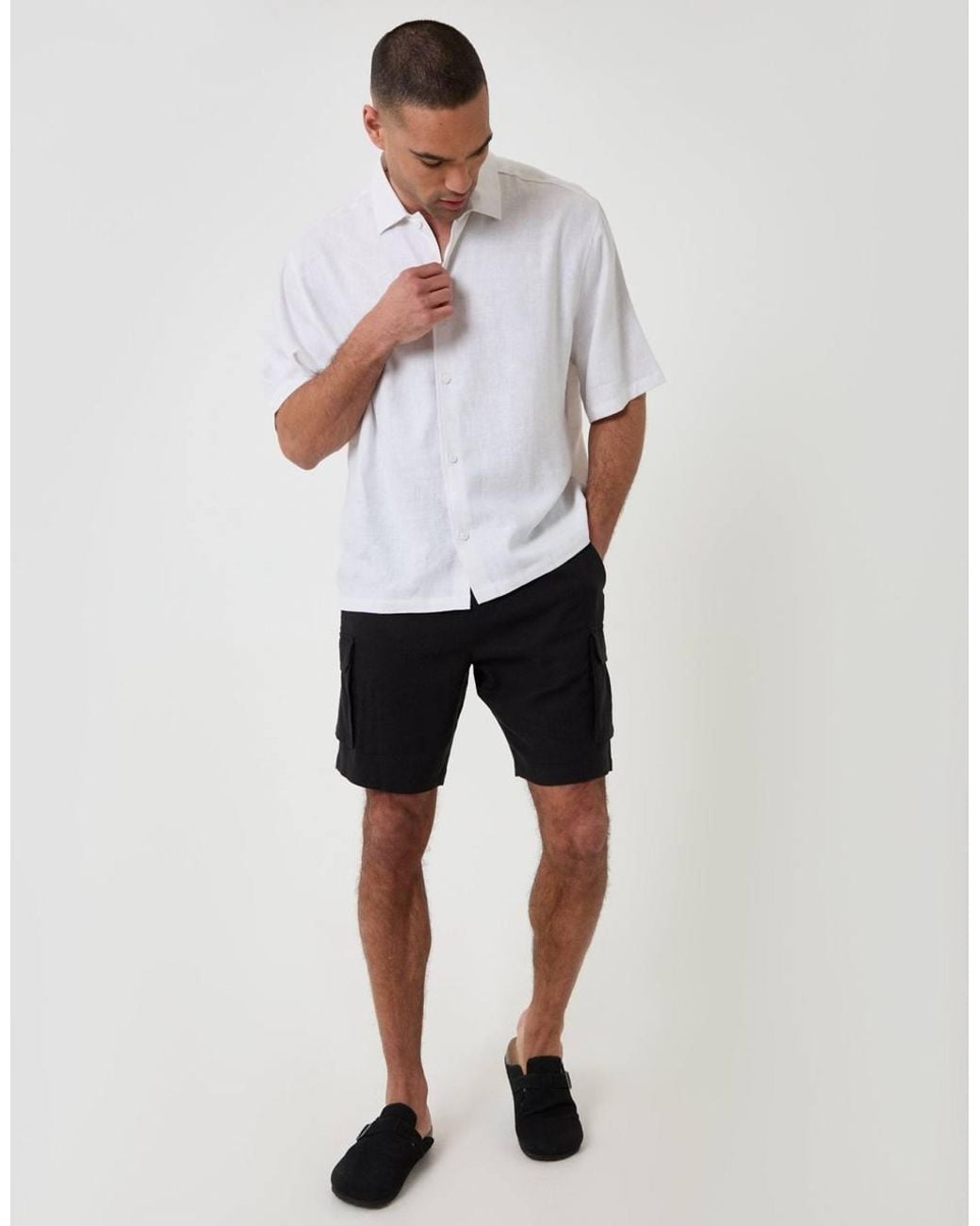 Threadbare White Boxy Fit Linen Blend Short Sleeve Shirt for men