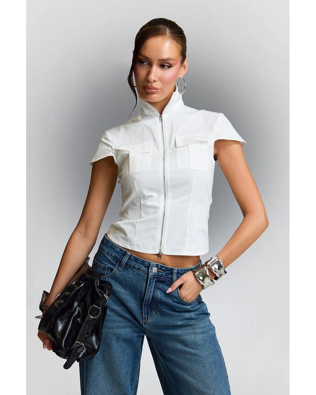 EGO Gray Cap Sleeve Zip High Neck Top
