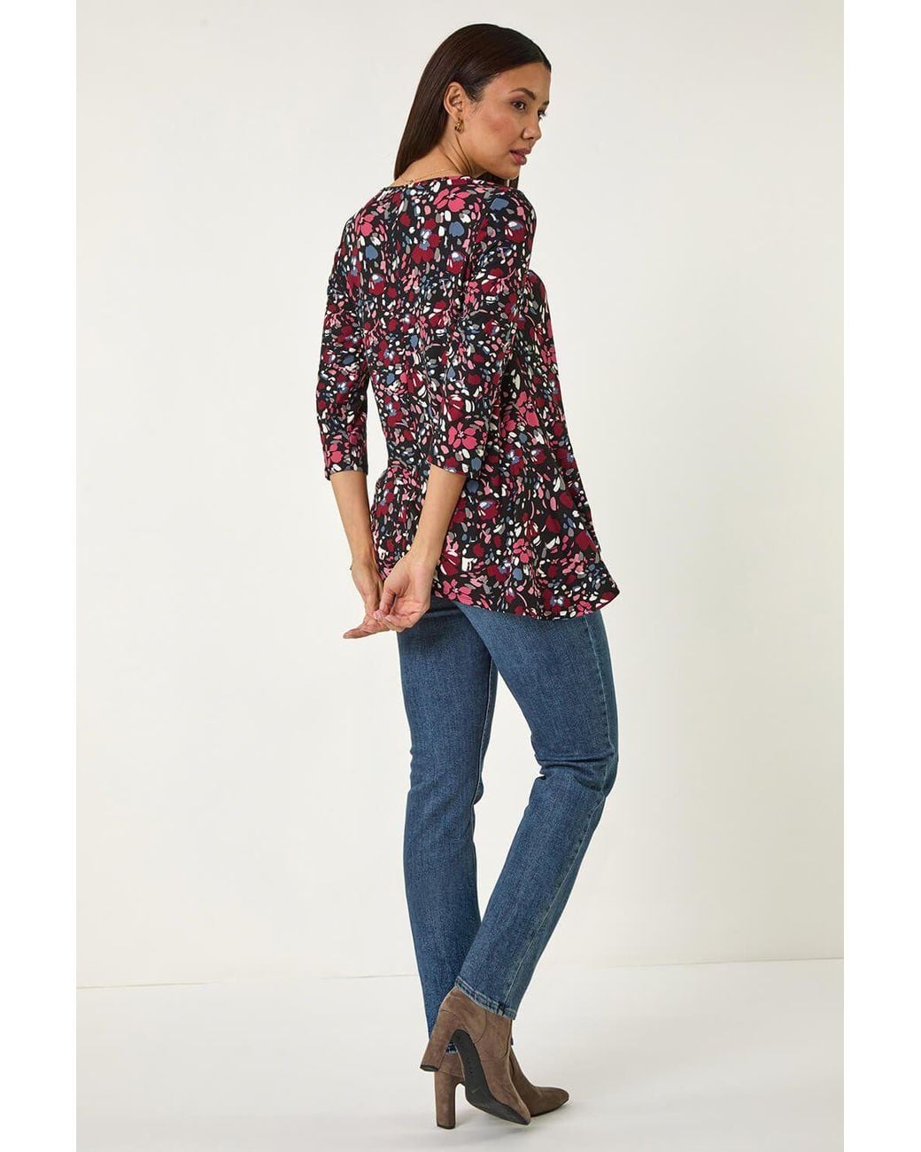 Roman Red Floral Print Swing Stretch Tunic Top