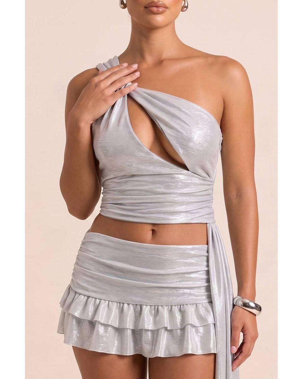 Rebellious Fashion Natural Jada Metallic Asymmetric Draped Ruffle Skirt Co-Ord Set