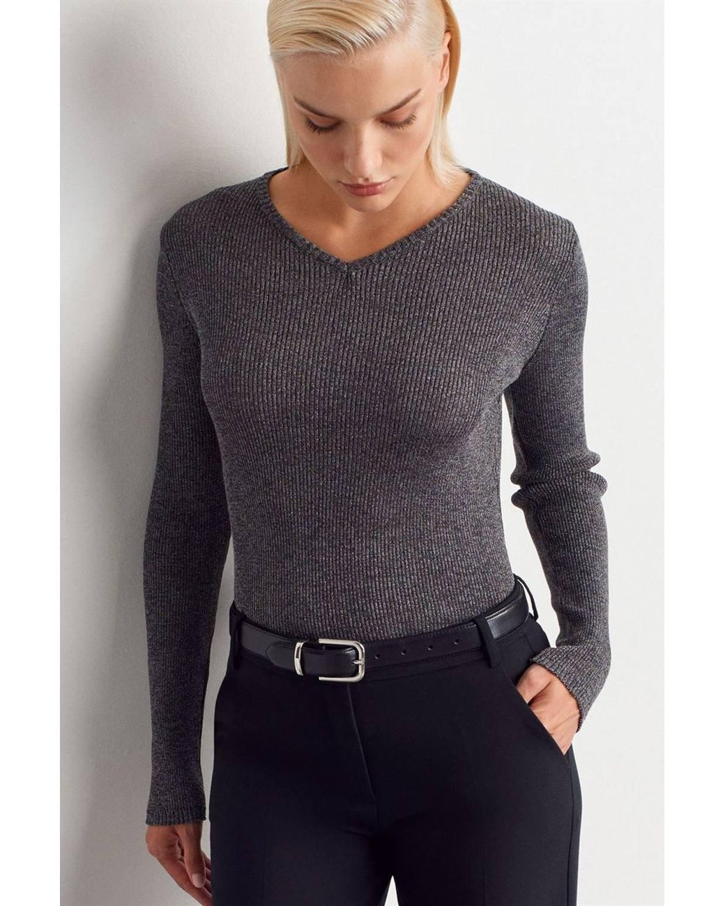 Dilvin Blue Slim Fit V-Neck Ribbed Sweater