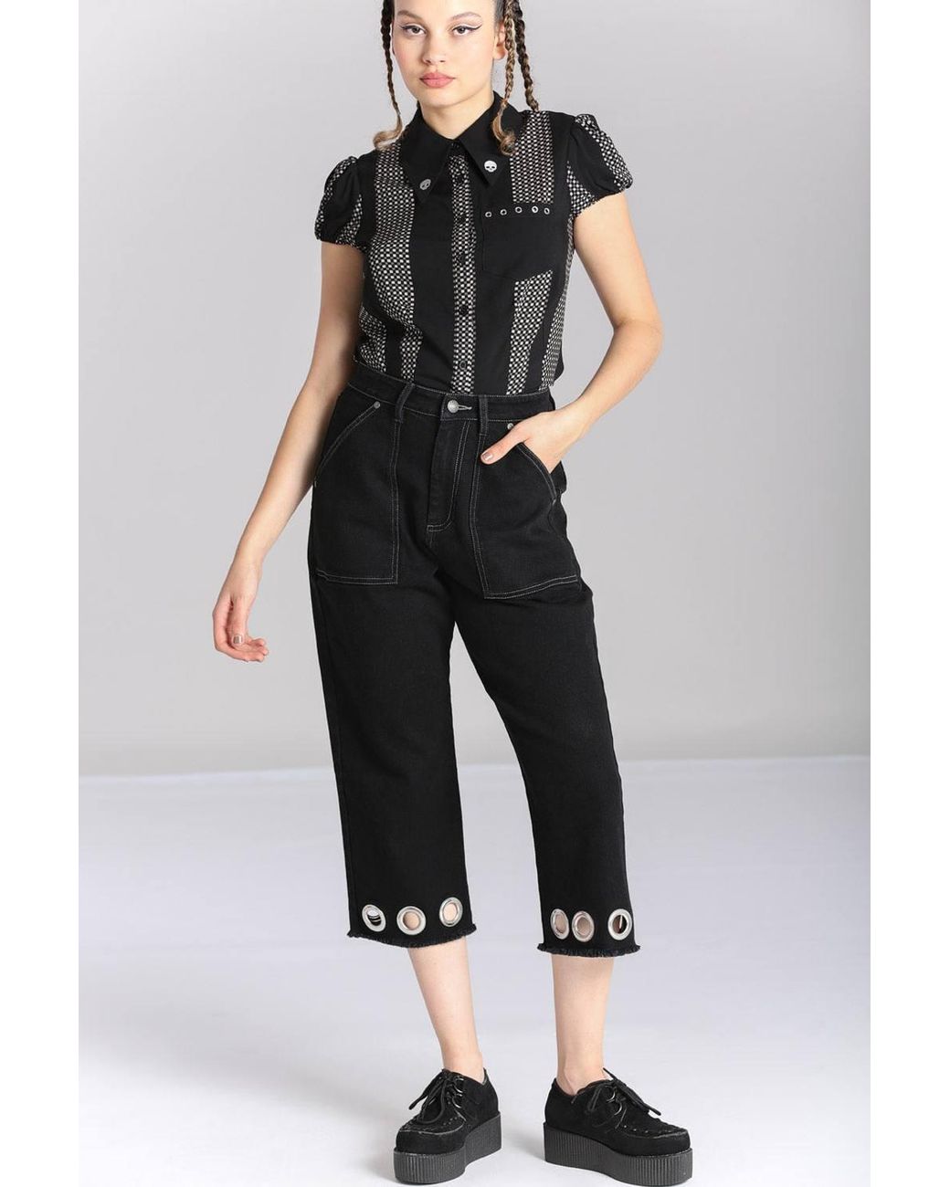 Hell Bunny Black Destroya Denim Cropped Wide Leg Jeans With Raw Hem & Eyelet Detail
