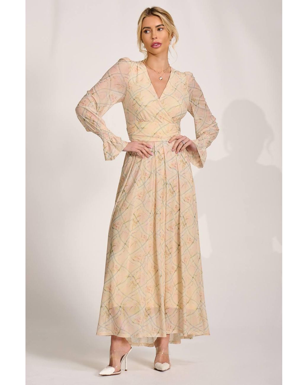 Jolie Moi Natural Long Sleeve V Neck Mesh Maxi Dress