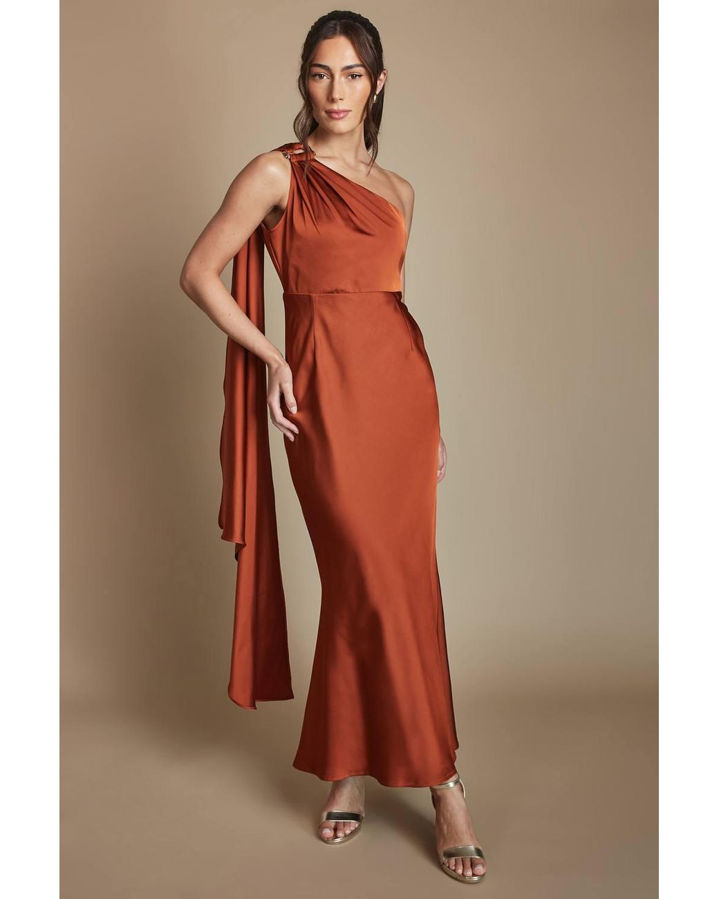 Coast Brown Petite One Shoulder Satin Maxi Bridesmaid Dress With Trim