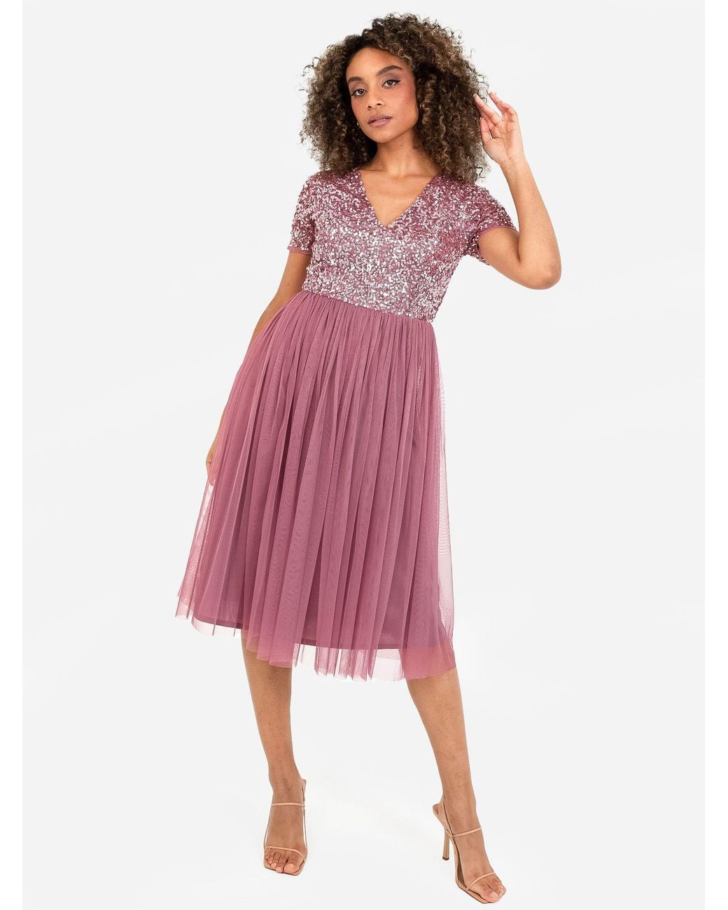 Maya Deluxe Pink Short Sleeve V Neck Embellished Midi Dress
