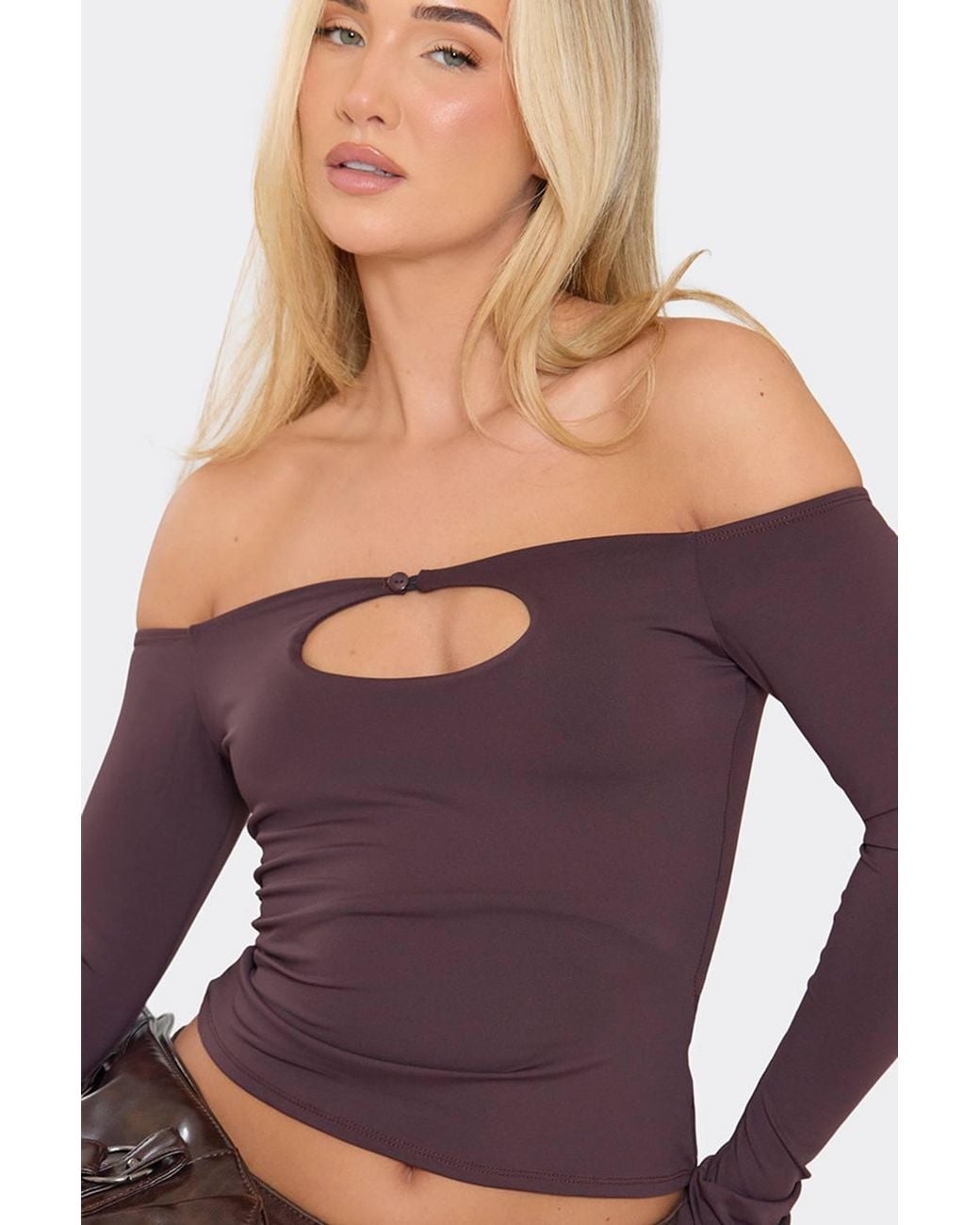 EGO Brown Long Sleeve Button Off-The Shoulder Cut Out Top
