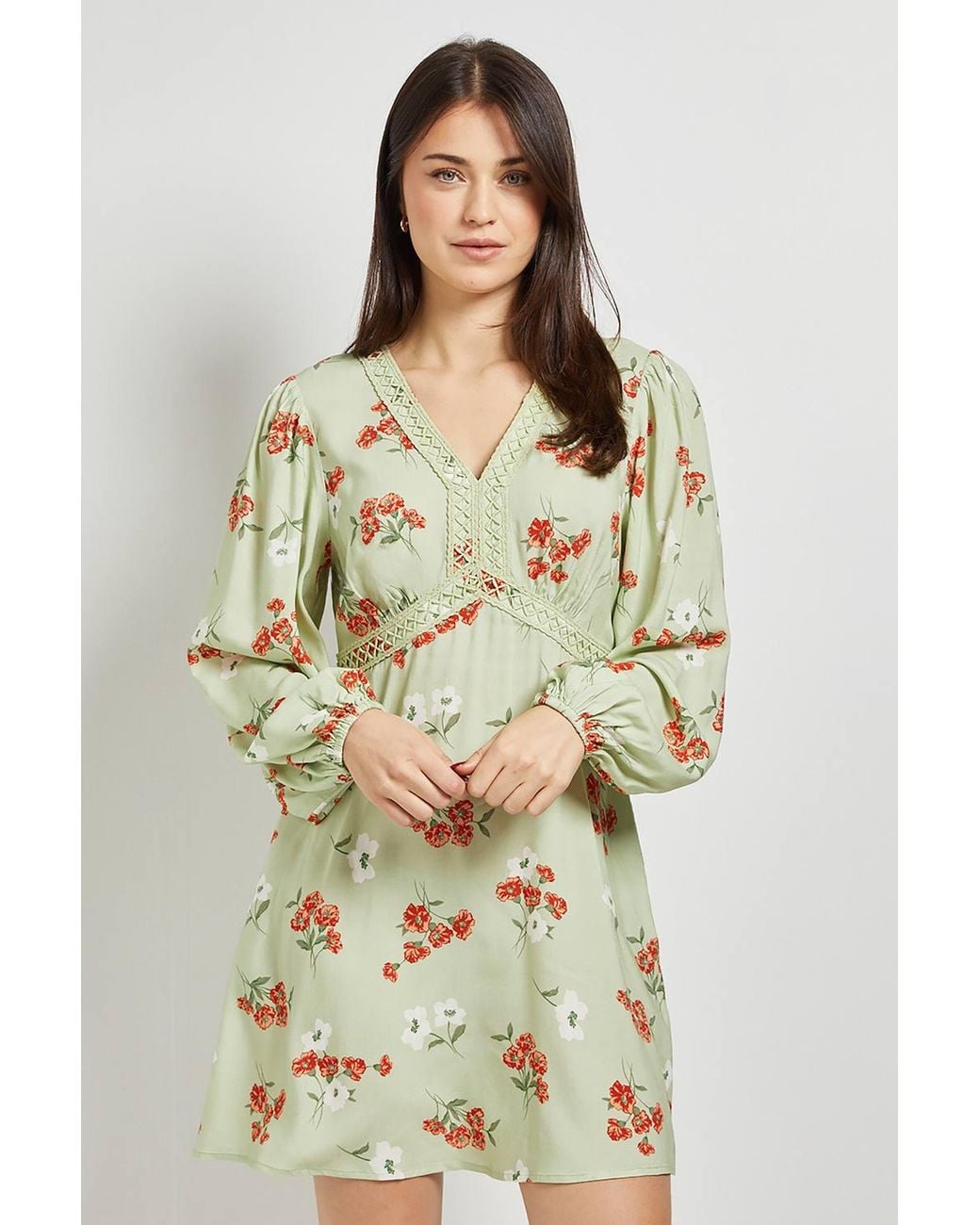 Dorothy Perkins Natural Ditsy Lace Trim Long Sleeve Printed Mini Dress