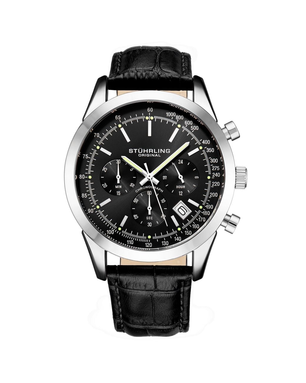 Stuhrling Black Rialto Chronograph Watch Quartz With Tachymeter 44Mm Case Leather Band for men