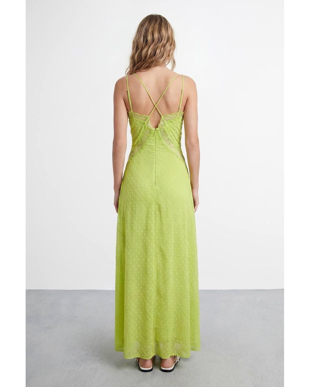 Warehouse Green Dobby Chiffon Lace Cutwork Maxi Dress