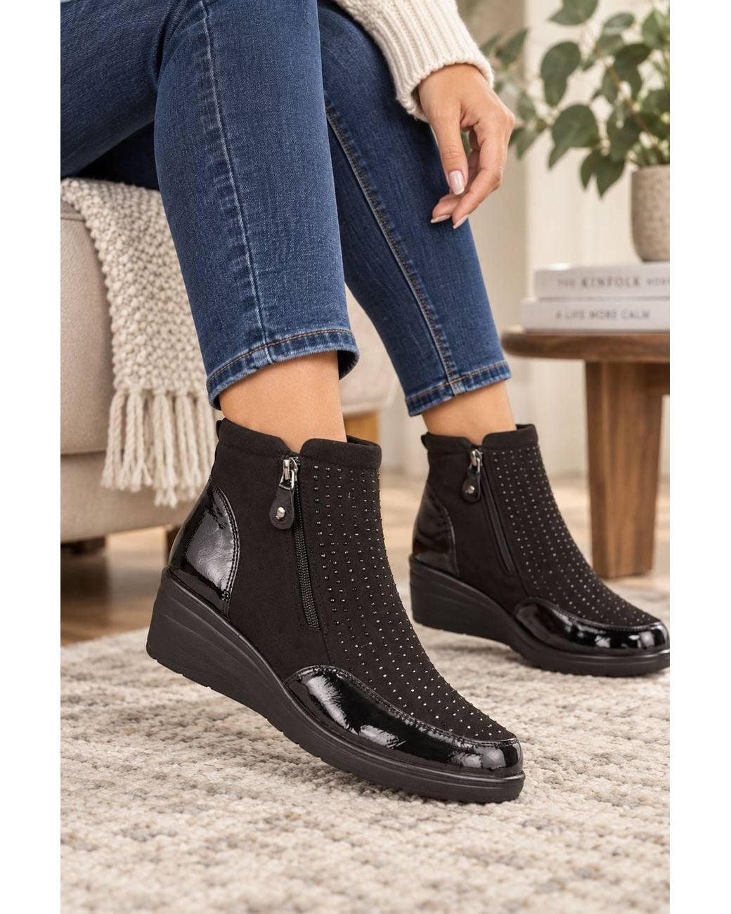 Absolute Footwear Blue Diamante Wedge Twin Zipped Ankle Boots