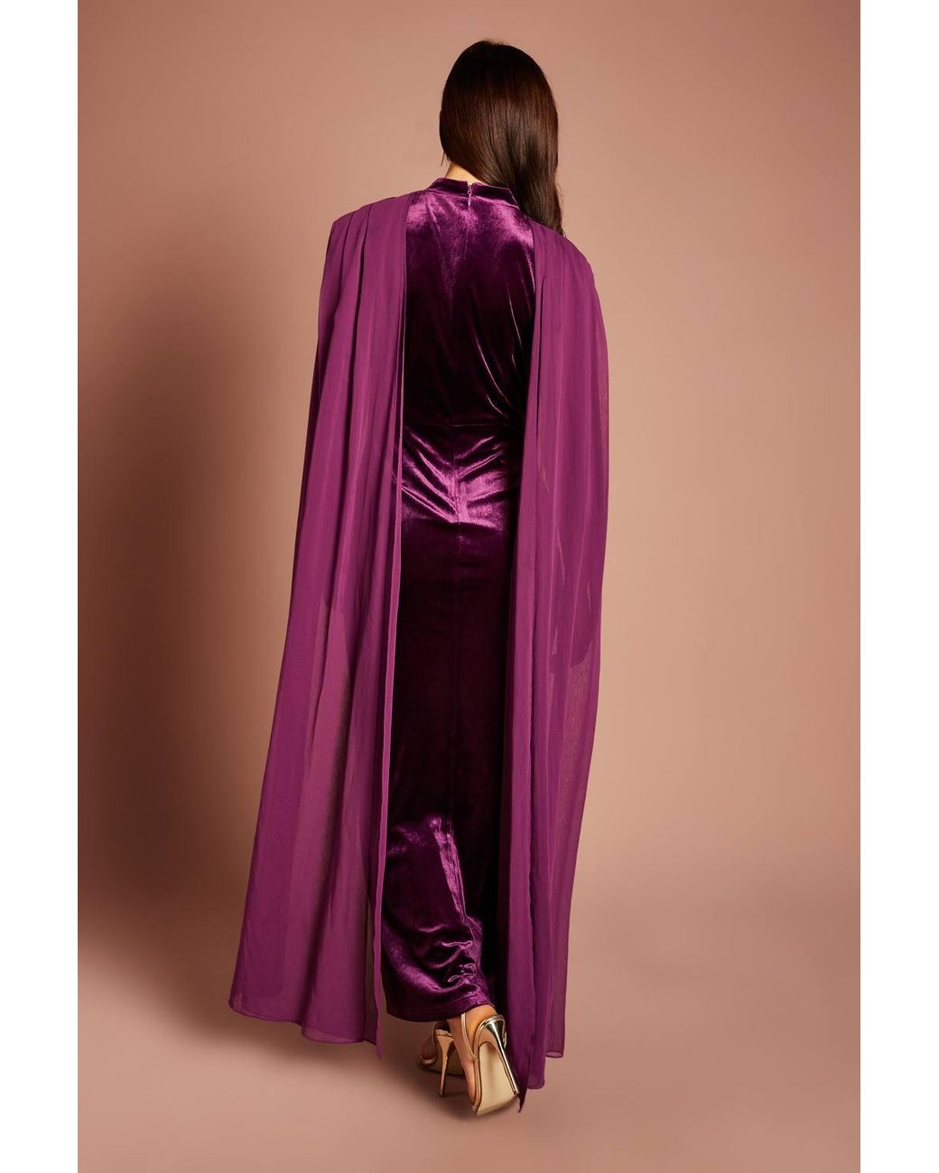 Coast Purple High Neck Velvet Maxi Dress With Chiffon Cape Sleeve
