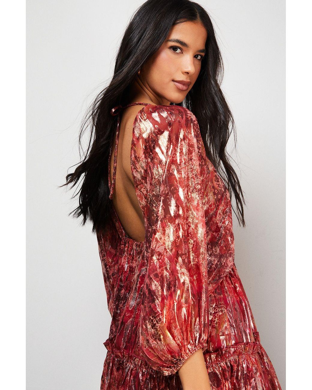 Warehouse Red Metallic Jacquard Volume Sleeve Mini Dress