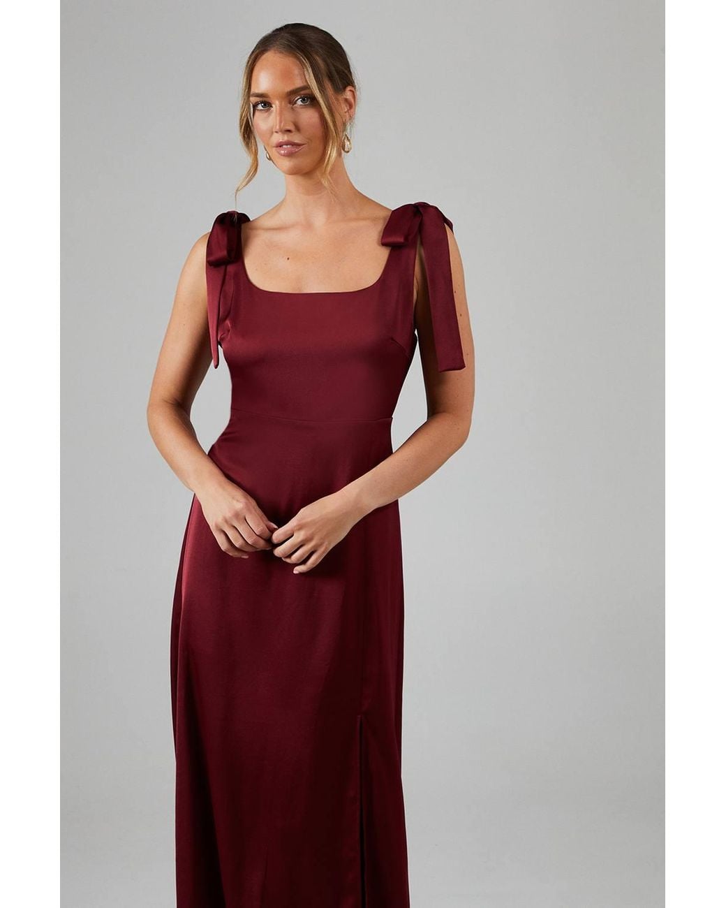 Oasis Red Satin Tie Shoulder Midi Bridesmaid Dress