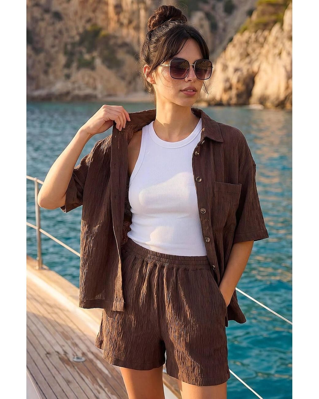 D.u.s.k Brown Textured Buttoned Blouse