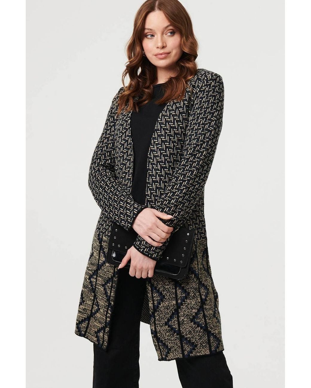 Izabel London Black Geo Print Longline Open Front Jacket