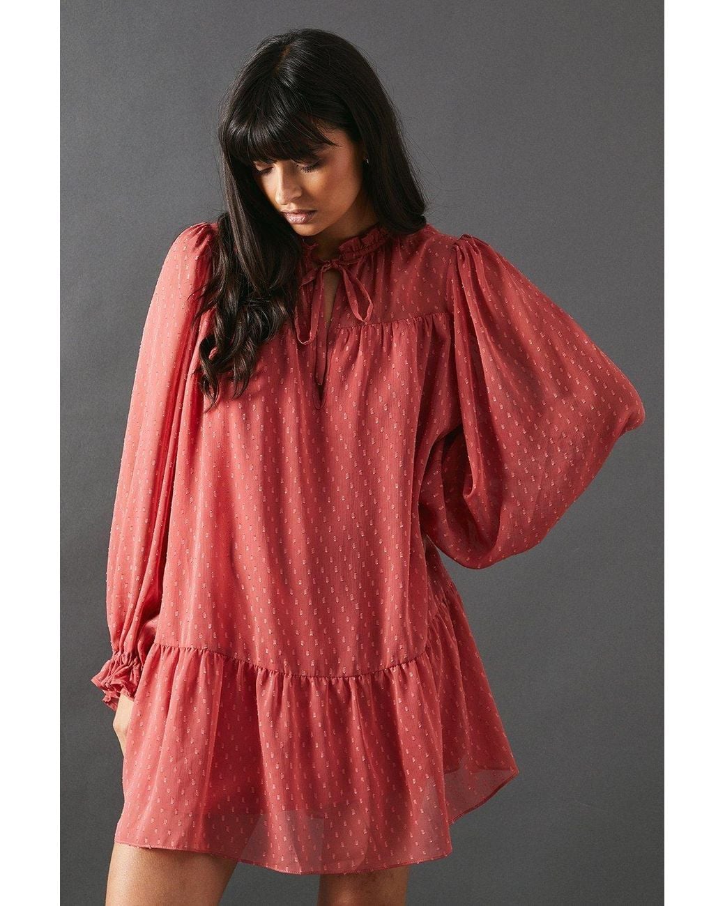 Warehouse Gray Dobby Chiffon Tie Neck Drop Hem Mini Smock Dress