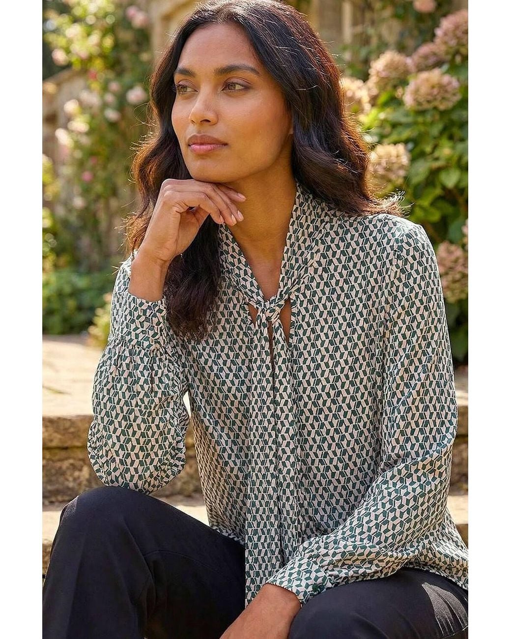 Roman Gray Geo Print Tie Front Tunic Top