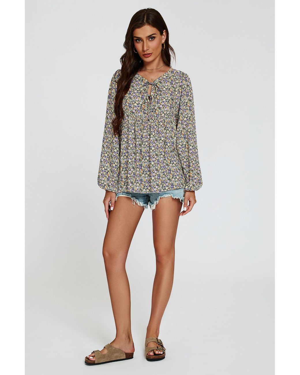 FS Collection Purple Floral Print Long Sleeve Blouse Top