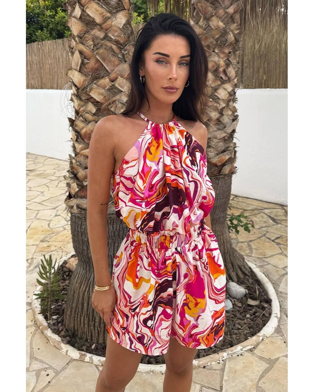 AX Paris Multi Water Marble Print Tie Racer Neck Shirred Waist Playsuit