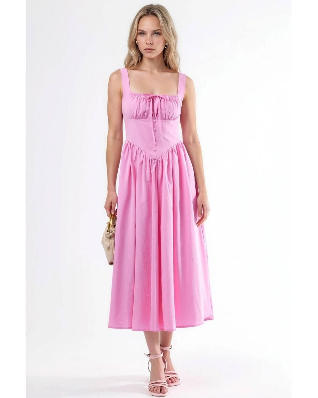 Busem Pink Midi Dress With Square Collar & Button Detail