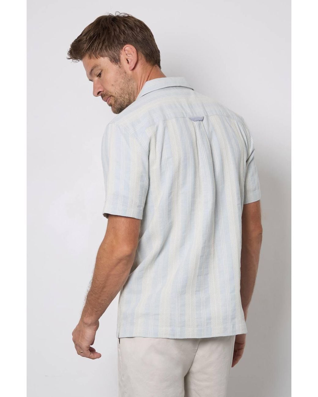 MAINE White Textured Stripes Revere Short Sleeve Shirt for men