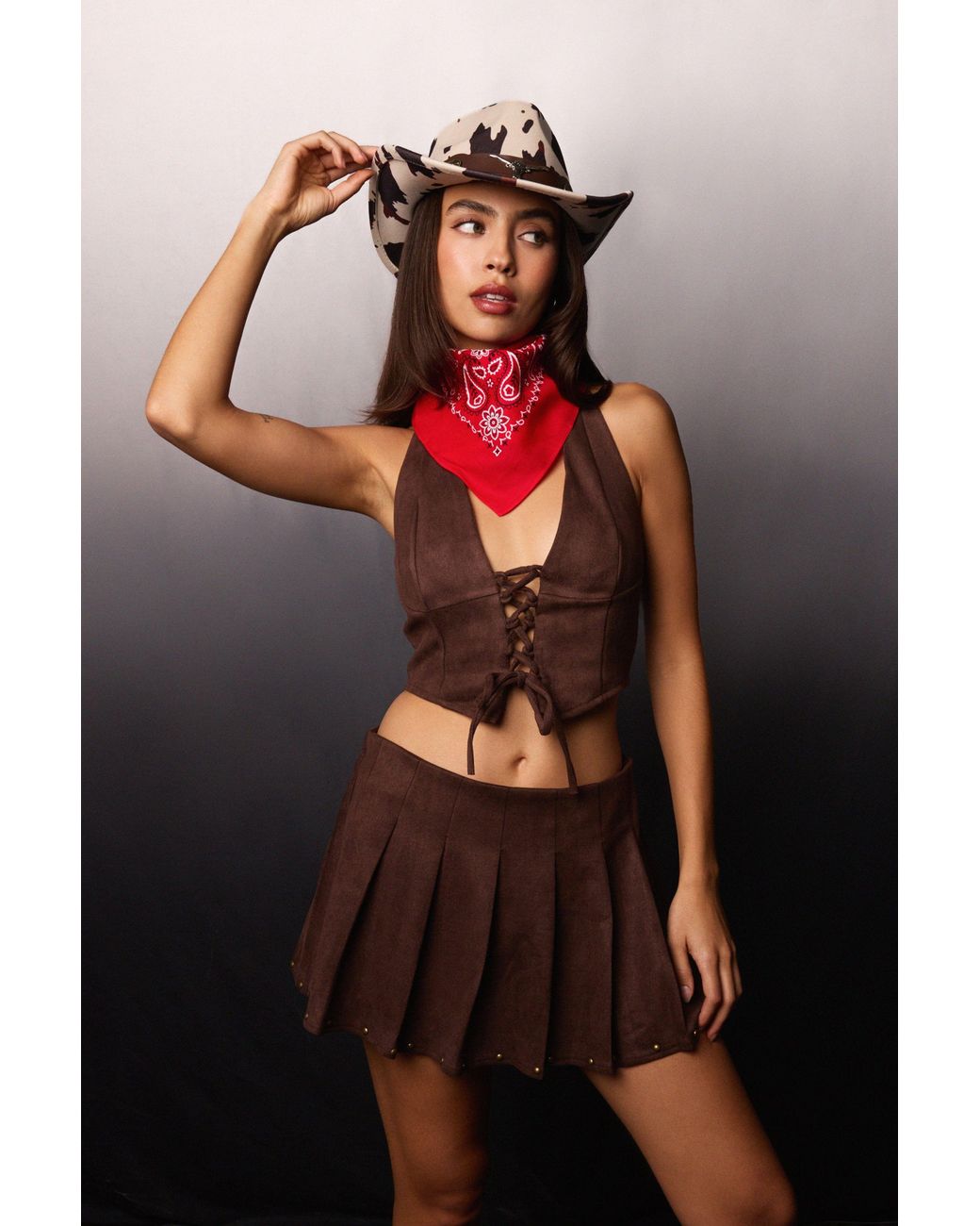 Pink Vanilla Brown Suedette Lace Halterneck Top