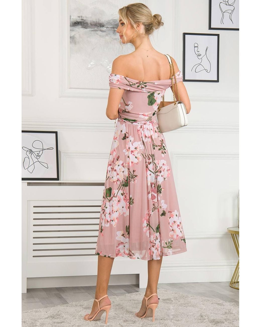 Jolie Moi Pink Rawiya Bardot Neck Mesh Dress